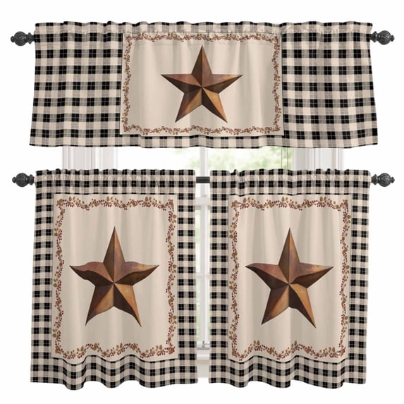 Western Texas Star Retro Kitchen Curtains Sets for Windows 36 Inch Length, Rustic Vintage Berry Black Beige Plaid Rod Pocket Window Treatments Tier Curtains and Valances Set for Bedroom/Bathroom