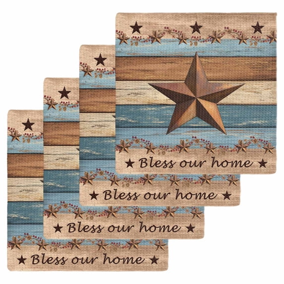 Western Texas Star Retro Kitchen Dish Towels for Drying Dishes Set of 4, Vintage Farmhouse Blue Brown Wood Grain Waffle Weave Microfiber Hand Tea Bathroom Towels Quick Dry & Absorbent Towel 12x12