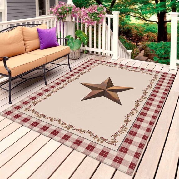 Western Texas Star Retro Outdoor Rug 5x7 Ft, Non Slip Washable Area Rug, Rustic Vintage Farm Red Beige Plaid Patio Rugs Carpet Runner, Large Floor Mat for Indoor/Outdoor Deck Porch Camping