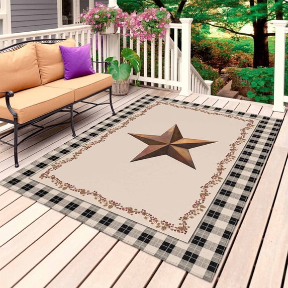 Western Texas Star Retro Outdoor Rug 6x9 Ft, Non Slip Washable Area Rug, Rustic Vintage Berry Black Beige Plaid Patio Rugs Carpet Runner, Large Floor Mat for Indoor/Outdoor Deck Porch Camping
