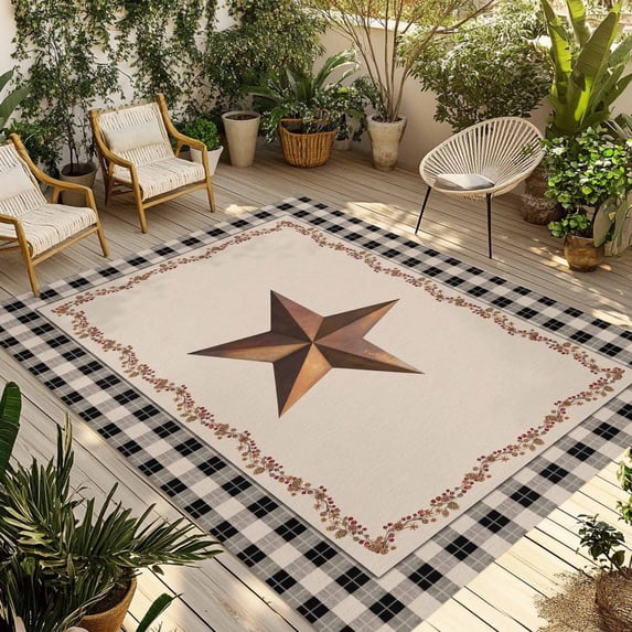 Western Texas Star Retro Outdoor Rug for Patio/Deck/Porch, Non-Slip Large Area Rug 4 x 6 Ft, Rustic Vintage Berry Black Beige Plaid Indoor Outdoor Rugs Washable Area Rugs, Camping Rug Carpet Runner