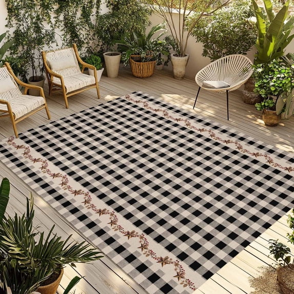 Western Texas Star Retro Outdoor Rug for Patio/Deck/Porch, Non-Slip Large Area Rug 5 x 8 Ft, Country Vintage Black Beige Plaid Indoor Outdoor Rugs Washable Area Rugs, Camping Rug Carpet Runner