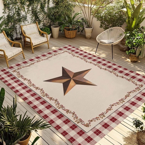 Western Texas Star Retro Outdoor Rug for Patio/Deck/Porch, Non-Slip Large Area Rug 6 x 9 Ft, Rustic Vintage Farm Red Beige Plaid Indoor Outdoor Rugs Washable Area Rugs, Camping Rug Carpet Runner