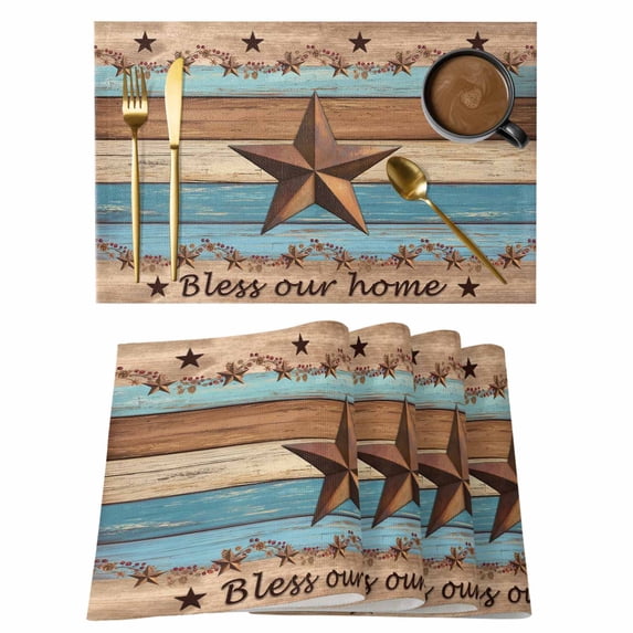 Western Texas Star Retro Placemats Set of 6, Country Farmhouse Light Blue Brown Wooden Placemats for Dining Table, Place Mats for Kitchen Tabletop, Waterproof Wipeable Dining Table Mats Set