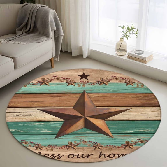 Western Texas Star Retro Round Area Rug 3Ft Washable Small Circle Rugs for Kitchen Entryway, Vintage Farmhouse Brown Teal Wooden Non-Slip Carpet Floor Mats Indoor Outdoor Carpet Runner Home Decor