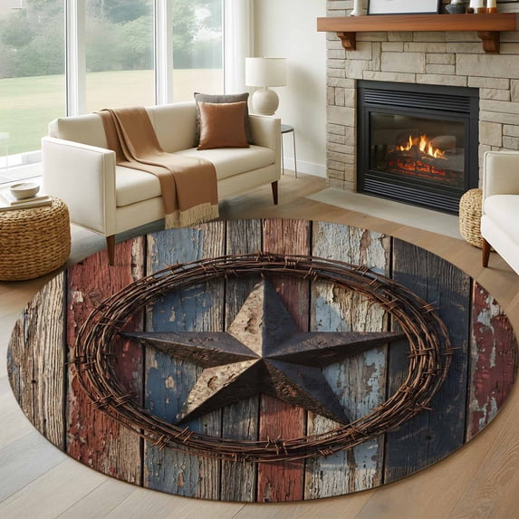 Western Texas Star Retro Round Area Rug 5Ft Washable Circle Rugs for Living Room Bedroom, Country Farmhouse Brown Wooden Non-Slip Carpet Floor Mats Indoor Outdoor Carpet Runner Aesthetic Home Decor