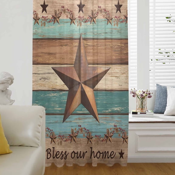 Western Texas Star Retro Semi Sheer Curtains Drapes for Living Room,Bedroom,French Doors Window 96 Inches Long,Country Farmhouse Teal Brown Wood Grain Rod Pocket Chiffon Curtain Voile Drapery Panel