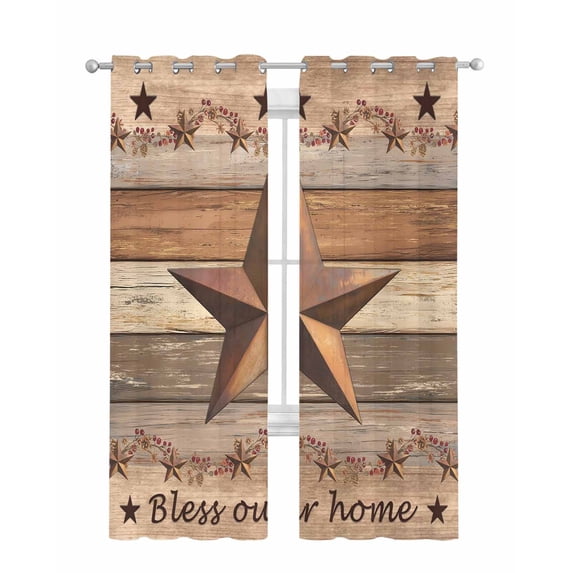 Western Texas Star Retro Sheer Curtains 84 Inch Length 2 Panels Set for Living Room/Bedroom, Vintage Farmhouse Berry Brown Wood Kitchen Curtains Grommet Curtains Window Treatments 52"x84"x2
