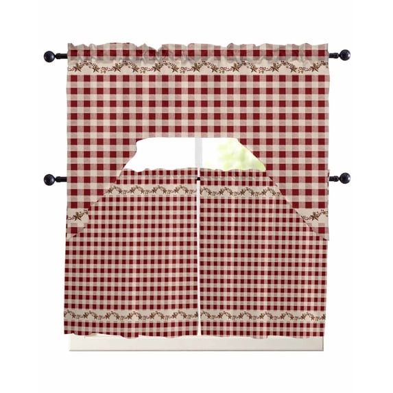 Western Texas Star Retro Swag Curtains for Living Room/Bedroom Windows, Country Vintage Red Beige Plaid Kitchen Curtains and Valances Set 36 Inch Length, Light Filtering Swags Valance Curtain Panels