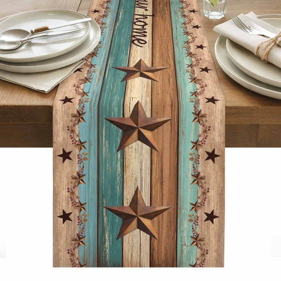 Western Texas Star Retro Table Runner - 36 Inch Long, Kitchen Dining Table Runner Dresser Scarves, Country Farmhouse Teal Brown Wood Grain Farmhouse Decor for Coffee Tables Wedding Party Banquet