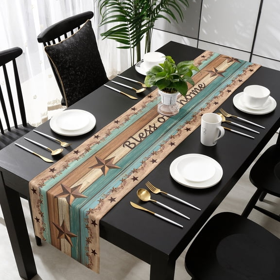 Western Texas Star Retro Table Runner 36 Inches Small - Country Farmhouse Teal Brown Wood Grain Kitchen Dining Burlap Linen Tablerunner for Wedding Coffee Dining Table Party 13 x 36