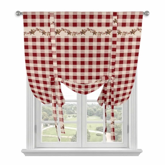 Western Texas Star Retro Tie Up Curtains for Windows, Adjustable Balloon Window Shades, Country Vintage Red Beige Plaid Kitchen Window Treatments Farmhouse Short Curtains with Rod Pocket 42"x45"