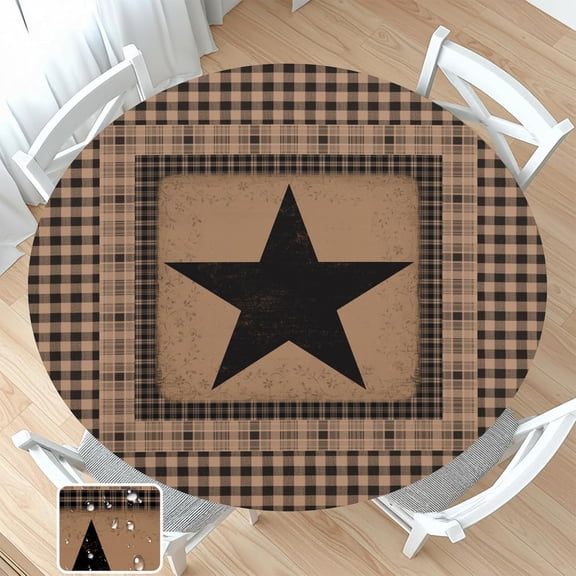 Western Texas Star Round Fitted Tablecloth with Elastic Vintage Black Brown Plaid Circle Table Cover for 48-52" Round Tables Stretch Waterproof Rustic Country Table Cloth for Kitchen Dining Patio