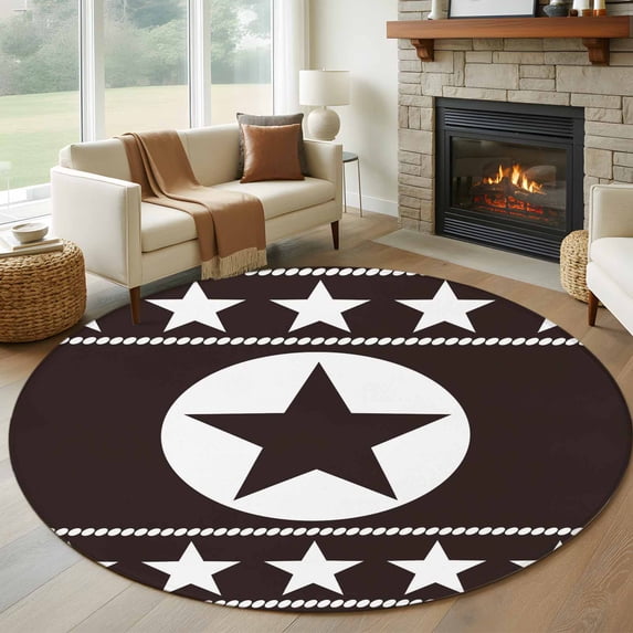 Western Texas Star Round Living Room Rugs 6 ft, Vintage Simple Brown White Stars Brown Washable Area Rug with Non-Slip Sturdy Edge Binding Round Carpet for Kitchen Office Bedroom