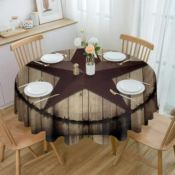 Western Texas Star Round Tablecloth 60 Inch - Waterproof Fabric Table Cloth Protector, Farmhouse Barn Brown Wooden Tablecloths Washable Table Cover for Kitchen Banquet Coffee Table Outdoor Party