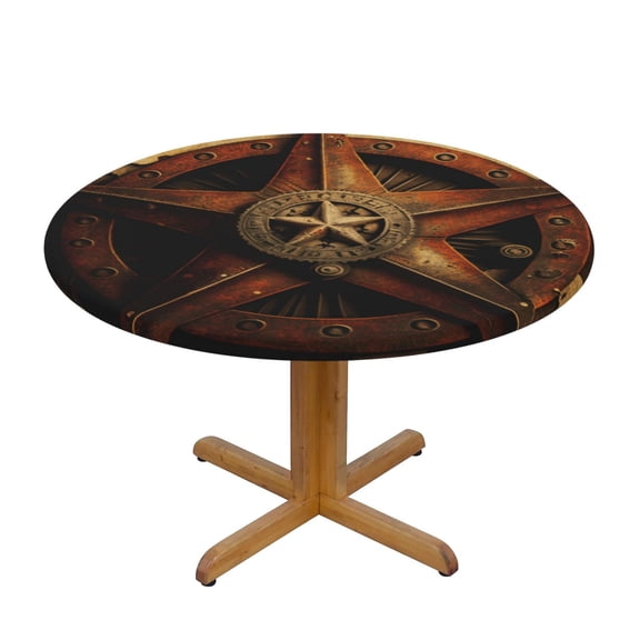 Western Texas Star Rustic Vintage Round Fitted Tablecloth Elastic Edged Table Cloth Waterproof Table Cover 54in