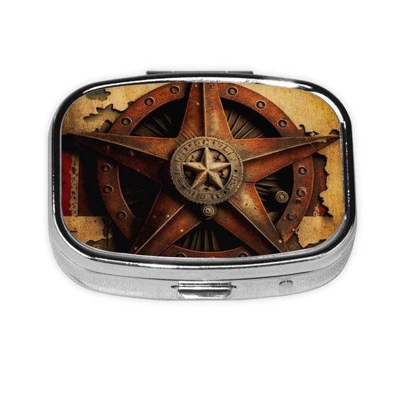 Western Texas Star Rustic Vintage Square Pill Box 2 Compartment Pill Case Medicine Organizer Decorative Gift for Purse Pocket