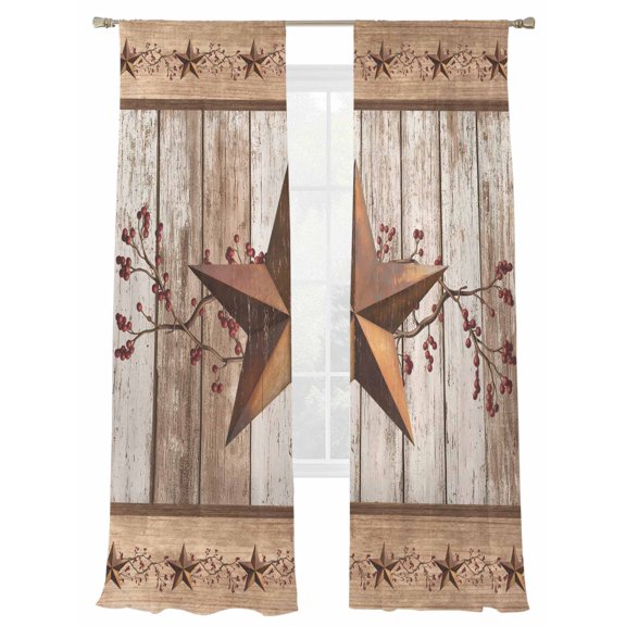 Western Texas Star Sheer Curtains 2 Panels Set Vintage Rust Red Star Berry Brown White Wood Grain Sheer Window Curtains Light Filtering Rod Pocket Voile Drapes for Bedroom Living Room 52"X96"