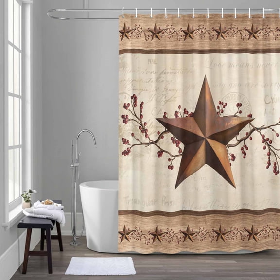 Western Texas Star Shower Curtain for Bathroom Decor, Vintage Rust Red Star Berry Beige Wood Grain Waterproof Fabric Shower Curtain, 36"x72" Set with 12 Hooks