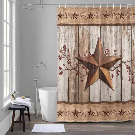 Western Texas Star Shower Curtain for Bathroom Decor, Vintage Rust Red Star Berry Brown White Wood Grain Waterproof Fabric Shower Curtain, 72"x78" Set with 12 Hooks