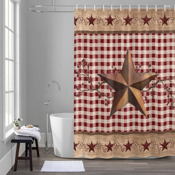 Western Texas Star Shower Curtain for Bathroom Decor, Vintage Rust Red Star Berry Red Plaid Wood Grain Waterproof Fabric Shower Curtain, 66"x72" Set with 12 Hooks