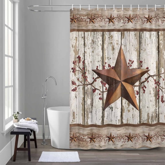 Western Texas Star Shower Curtain for Bathroom Decor, Vintage Rust Red Star Berry White Wood Grain Waterproof Fabric Shower Curtain, 72"x72" Set with 12 Hooks