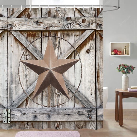 Western Texas Star Shower Curtain, Rustic Barn Wooden Board Shower Curtain Vintage Farmhouse Country Bathroom Decor, Western Texas Star Bathroom Shower Curtain Bathroom Decor with Hooks, 70Inch