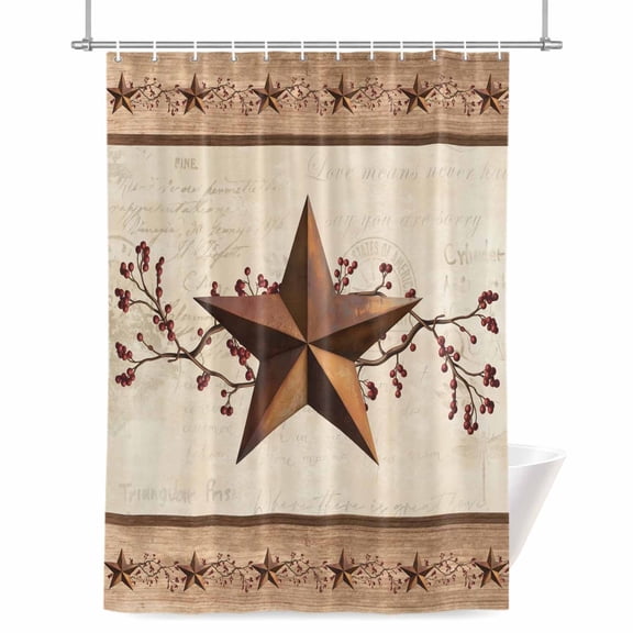 Western Texas Star Shower Curtain, Vintage Rust Red Star Berry Beige Wood Grain Waterproof Shower Curtain Set with 12 Hooks Lightweight Bath Curtains Fabric Bathroom Decor 72x78 Inches