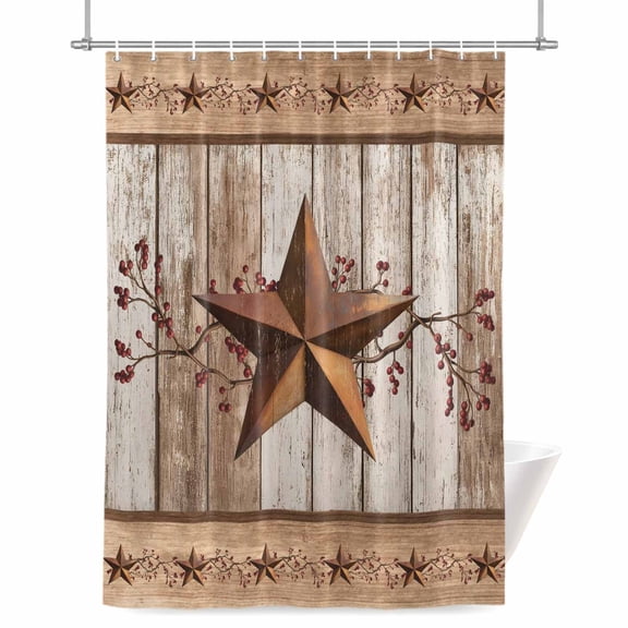 Western Texas Star Shower Curtain, Vintage Rust Red Star Berry Brown White Wood Grain Waterproof Shower Curtain Set with 12 Hooks Lightweight Bath Curtains Fabric Bathroom Decor 60x72 Inches