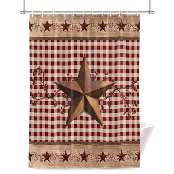 Western Texas Star Shower Curtain, Vintage Rust Red Star Berry Red Plaid Wood Grain Waterproof Shower Curtain Set with 12 Hooks Lightweight Bath Curtains Fabric Bathroom Decor 48x72 Inches