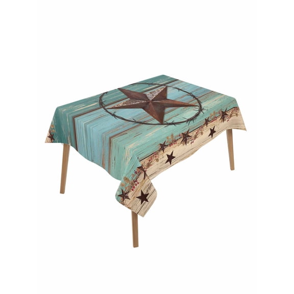Western Texas Star Table Cloth 60x102 Inch Rectangle, Retro Turquoise Wooden Rustic Farmhouse Waterproof Tablecloth Washable Table Cover for Party Picnic Dinner Decor