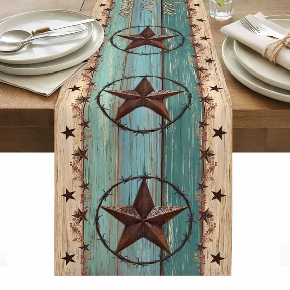 Western Texas Star Table Runner 13 x 48 Inch, Retro Turquoise Wooden Rustic Farmhouse Washable Cotton Linen Dining Table Runner Tabletop Decorations for Restaurant Home Kitchen Party