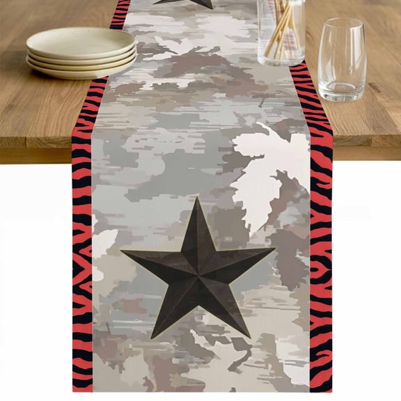 Western Texas Star Table Runner - 48 Inch Long Farmhouse Abstract Red Tiger Print Cotton and Linen Blended Dress Scarves Farmhouse Table Runner for Kitchen Dining, Coffee Table, 13" x 48"