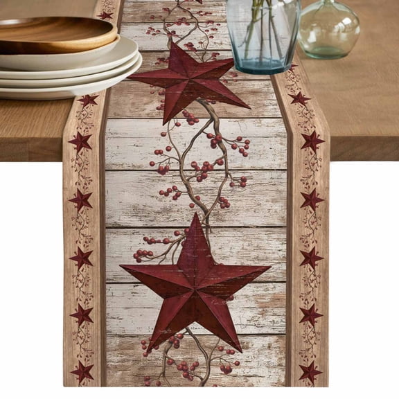 Western Texas Star Table Runner, Vintage Red Star Berry Brown White Wood Grain Cotton Linen Kitchen Table Decoration Washable Dining Tabletop Runners for Home Party Decor 13x36 Inches