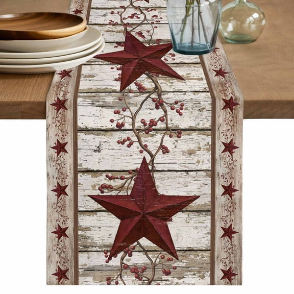 Western Texas Star Table Runner, Vintage Red Star Berry White Wood Grain Cotton Linen Kitchen Table Decoration Washable Dining Tabletop Runners for Home Party Decor 13x60 Inches