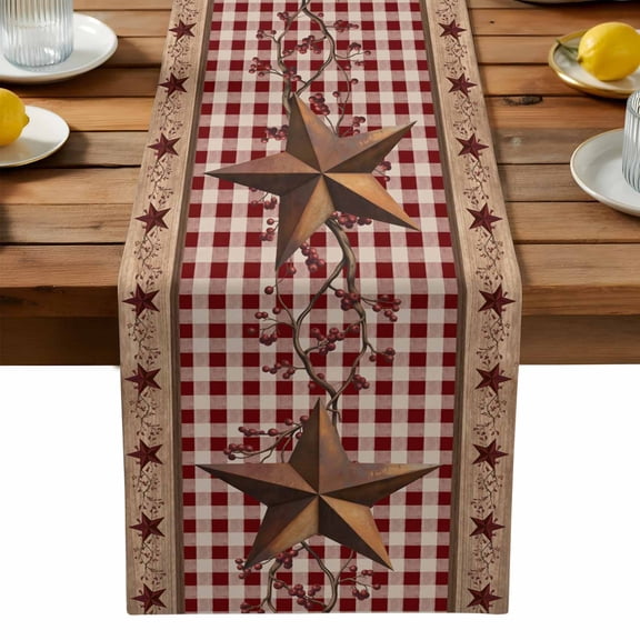 Western Texas Star Table Runner, Vintage Rust Red Star Berry Red Plaid Wood Grain Washable Kitchen Table Runners Dress Scarves for Dining Table Decorations Party, 13x120in