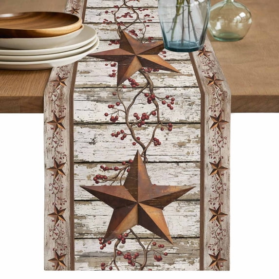 Western Texas Star Table Runner, Vintage Rust Red Star Berry White Wood Grain Cotton Linen Kitchen Table Decoration Washable Dining Tabletop Runners for Home Party Decor 13x72 Inches