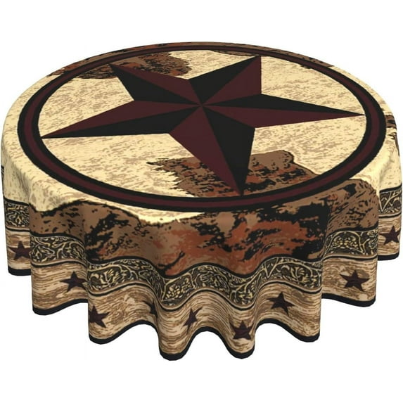 Western Texas Star Tablecloth Round- Rustic Stars on Vintage Brown Wood Board Print- 60" Cabin Country Style Heat Resistant Table Cloth Cover for Kitchen Dining Indoor Outdoor Decor