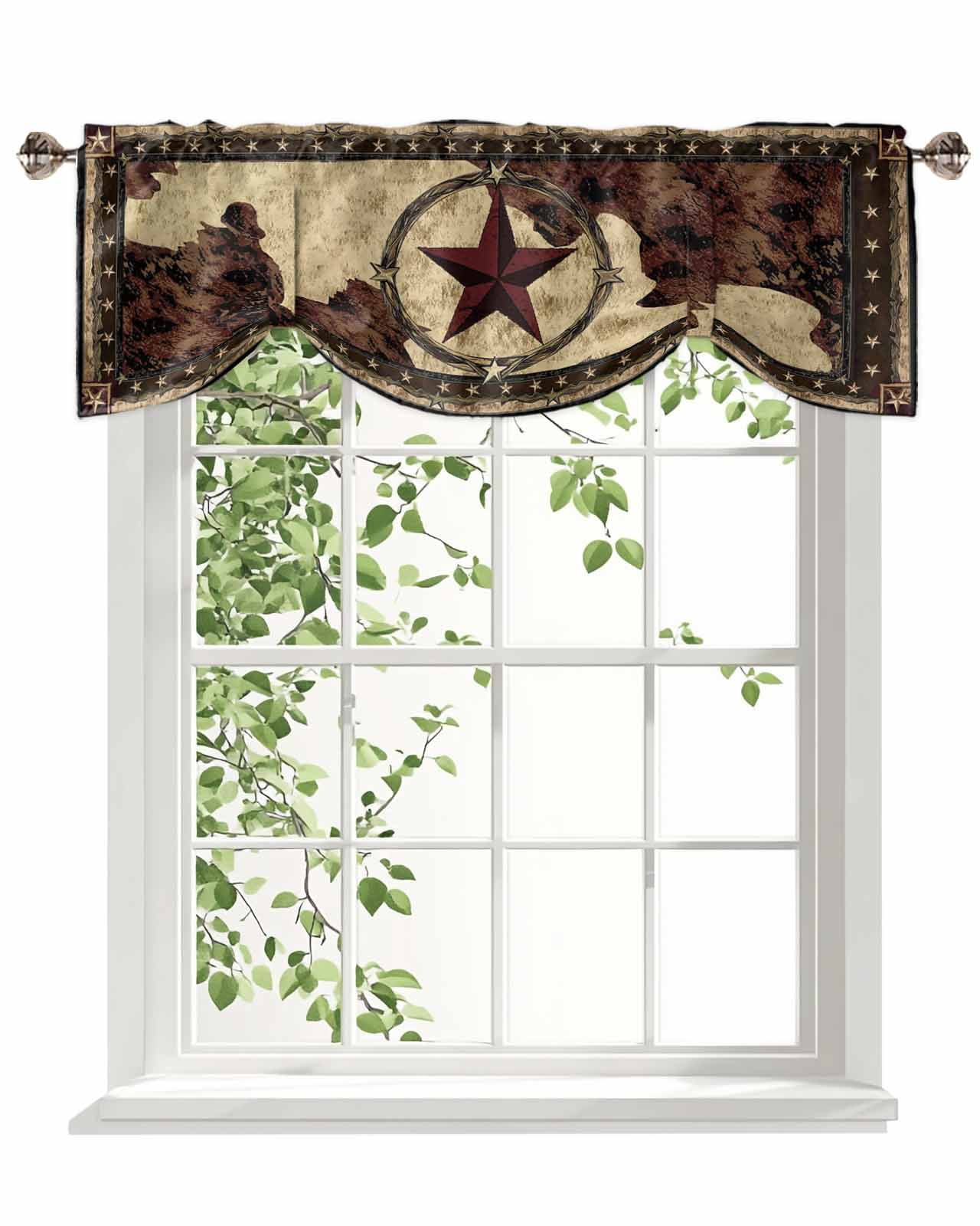 Western Texas Star Tie Up Valances Curtain, Adjustable Kitchen Brown Rustic Village Retro Red Stars Wood Grain Valances for Windows Decor, Rod Pocket Short Curtains Set for Bedroom/Bathroom, 60"x18"