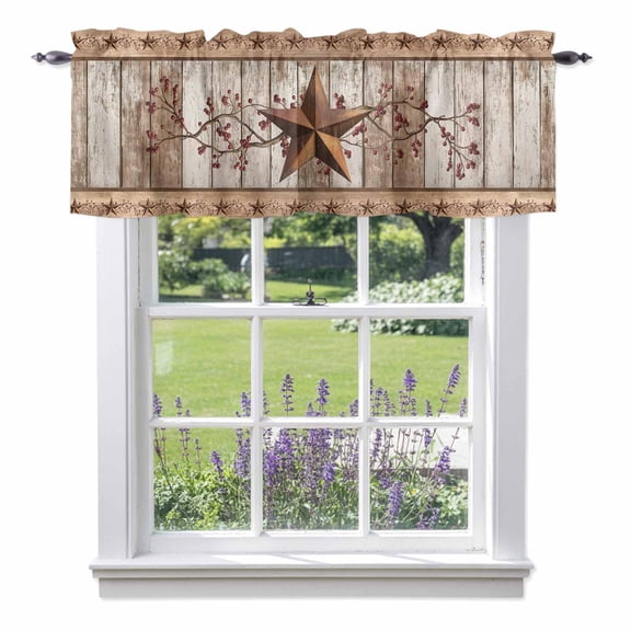 Western Texas Star Valance Curtain Vintage Rust Red Star Berry Brown White Wood Grain Window Valances Rod Pocket Short Curtains Window Treatments for Kitchen Bedroom Bathroom Laundry 56" x 16"