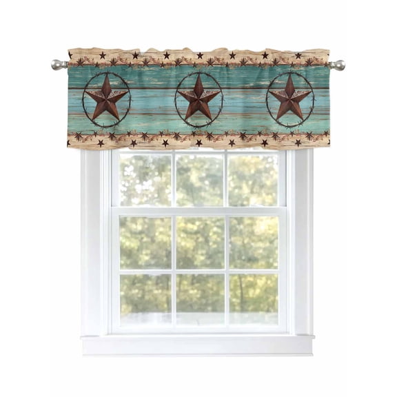 Western Texas Star Valances for Windows Retro Turquoise Wooden Rustic Farmhouse Kitchen Valance Curtain Rod Pocket Small Curtains for Cafe Bathroom Laundry Basement 42" x 12"