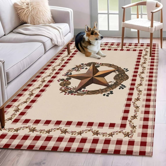 Western Texas Star Vintage Area Rug 4x6 Washable Rug Non Slip Rustic Wreath Red Beige Plaid Large Area Rug Indoor Floor Carpet for Entryway Bedroom Kitchen Living Room Home Office Dining Room Nursery