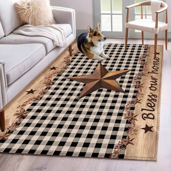 Western Texas Star Vintage Area Rugs 4'x6', Washable Small Throw Rugs for Office Bathroom, Rustic Wreath Wood Black Plaid Indoor Outdoor Rug Non-Slip Low Pile Carpet Runner Reversible Floor Mats