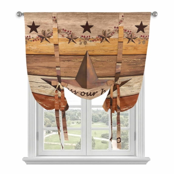 Western Texas Star Vintage Balloon Curtains for Living Room/French Door, Farmhouse Brown Wood Grain Tie Up Curtains 63 Inch Length Energy Saving Kitchen Curtains Shades for Windows 42"x63"