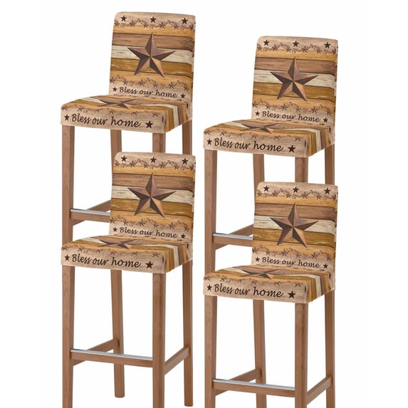 Western Texas Star Vintage Bar Stool Covers Set of 4, Retro Farmhouse Yellow Brown Wooden Stretch Bar Chair Covers with Backs, Removable Pub Counter Height Chair Cover for Kitchen Dining Room Cafe