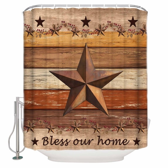 Western Texas Star Vintage Bathroom Shower Curtains with 12 Hooks Polyester Waterproof Shower Curtain for Stalls and Bathtubs Farmhouse Brown Wood Grain Decorative Bathroom Curtain 36x78 Inches