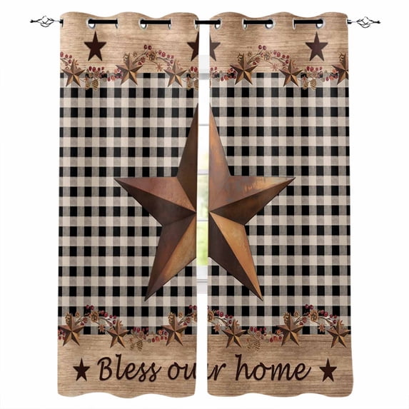 Western Texas Star Vintage Blackout Curtains for Bedroom Living Room Darkening Curtains 63 Inches Long Rustic Wreath Wood Black Plaid Window Curtain 2 Panels Set Window Treatment Drapes 52"x63"