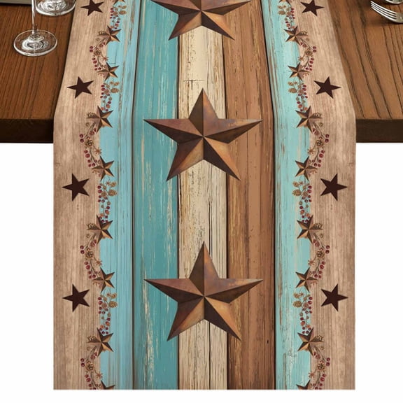 Western Texas Star Vintage Burlap Cotton Table Runner 14x72 Inches Long, Retro Farmhouse Turquoise Brown Wood Farmhouse Table Runners, Outdoor Dining Tablecloths Decor for Baby Shower/Party/Wedding