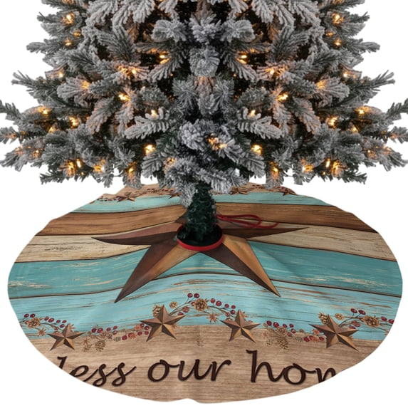 Western Texas Star Vintage Christmas Tree Skirt 48 Inches, Retro Farmhouse Turquoise Brown Wood Xmas Trees Skirt Mat Cover Decorations for Holiday Party Indoor Outdoor
