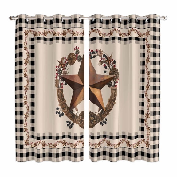 Western Texas Star Vintage Kitchen Curtains Window Panels, Rustic Wreath Black Beige Plaid Insulated Window Treatment Curtain, Grommet Curtains for Bedroom/Living Room/Bathroom, 2 Piece 52"Wx84"L